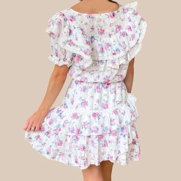 Fanco Women Size M White Floral Ruffle Tiered Crochet Cotton Mini Dress Pullover - Picture 4 of 15